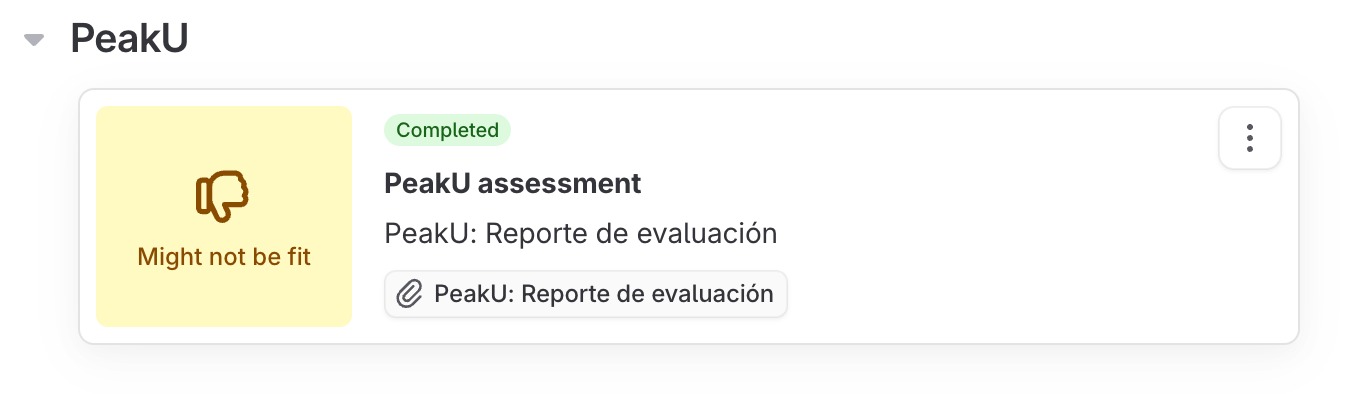 El resultado de PeakU en la tarjeta del candidato.